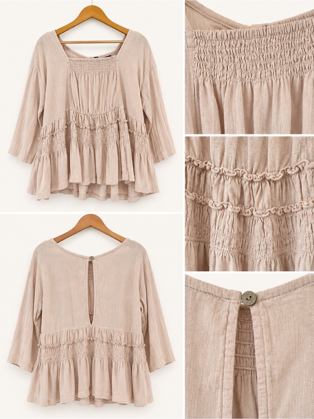 Free People Light Taupe Smocked Ruffle Peasant Blouse